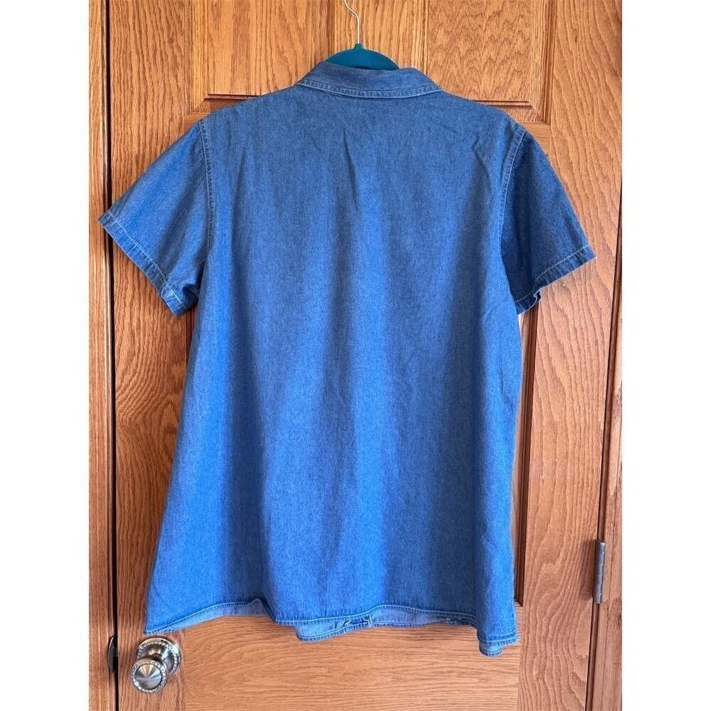 Duo Maternity Button Up Shirt Blue Collared Short Sleeve L - Picture 2 of 4